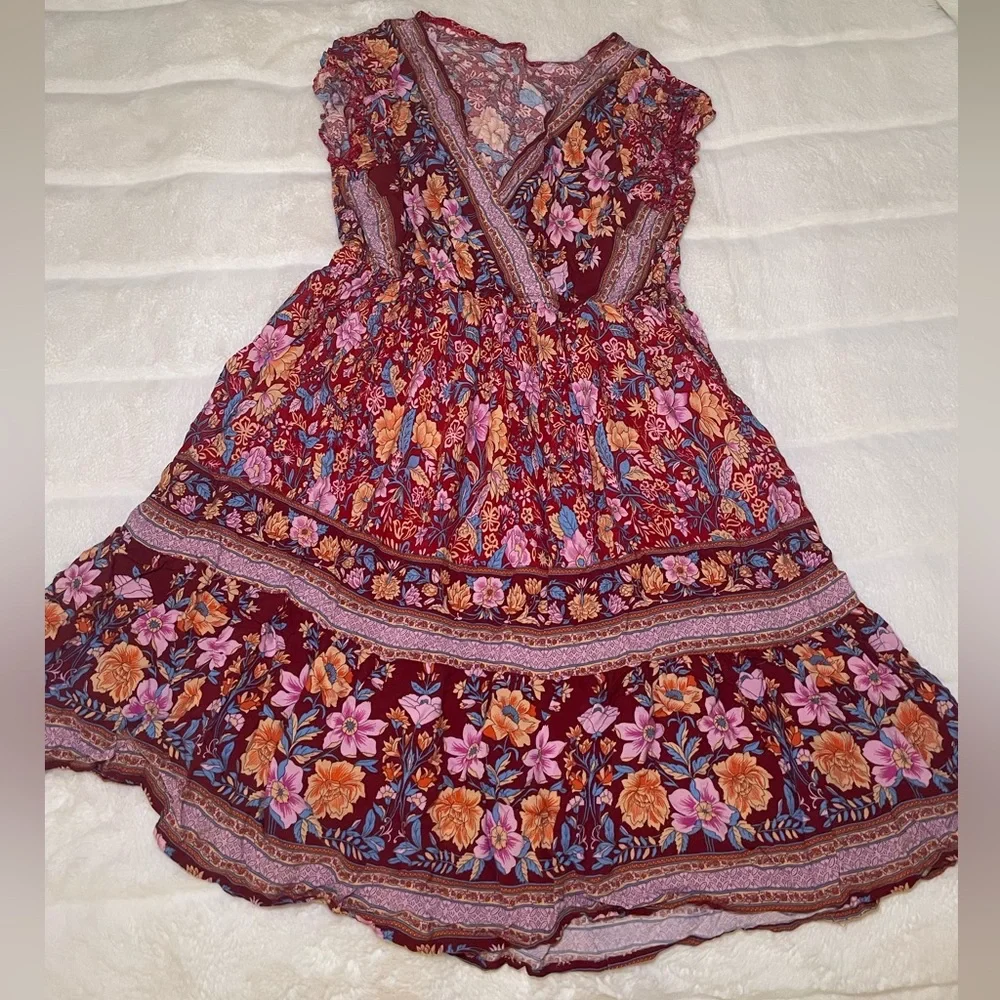 Red Boho Flutter Floral Dress - Picture 2 of 7
